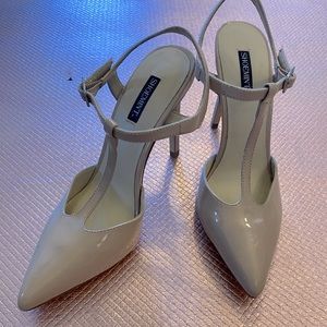 Nude Patent T-Strap Stiletto Heels